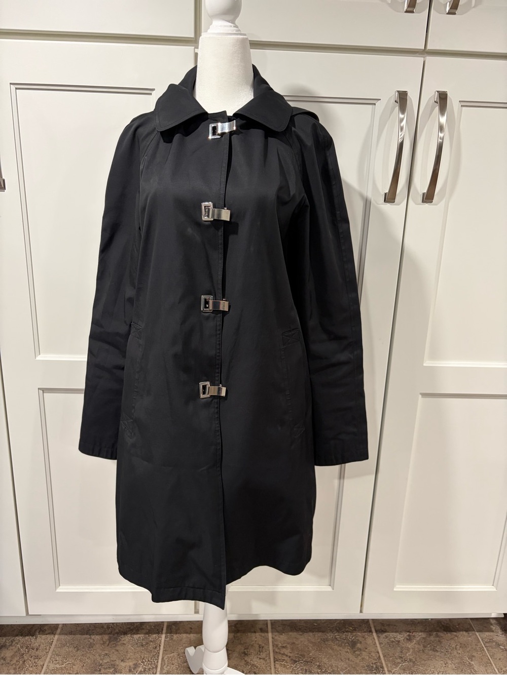 London Fog Black Trench Coat with Metal Toggle Fastenings